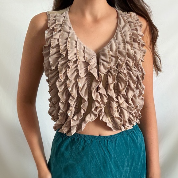 Moon Collection Tops - Moon collection fairy ruffle boho blouse sequin taupe sleeveless crop medium